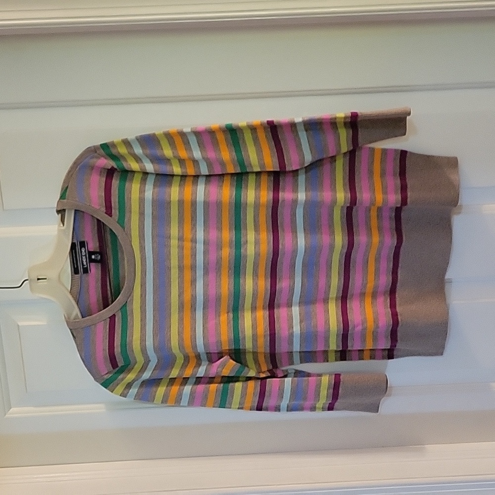 Lands End tan multi color striped cotton sweater medium